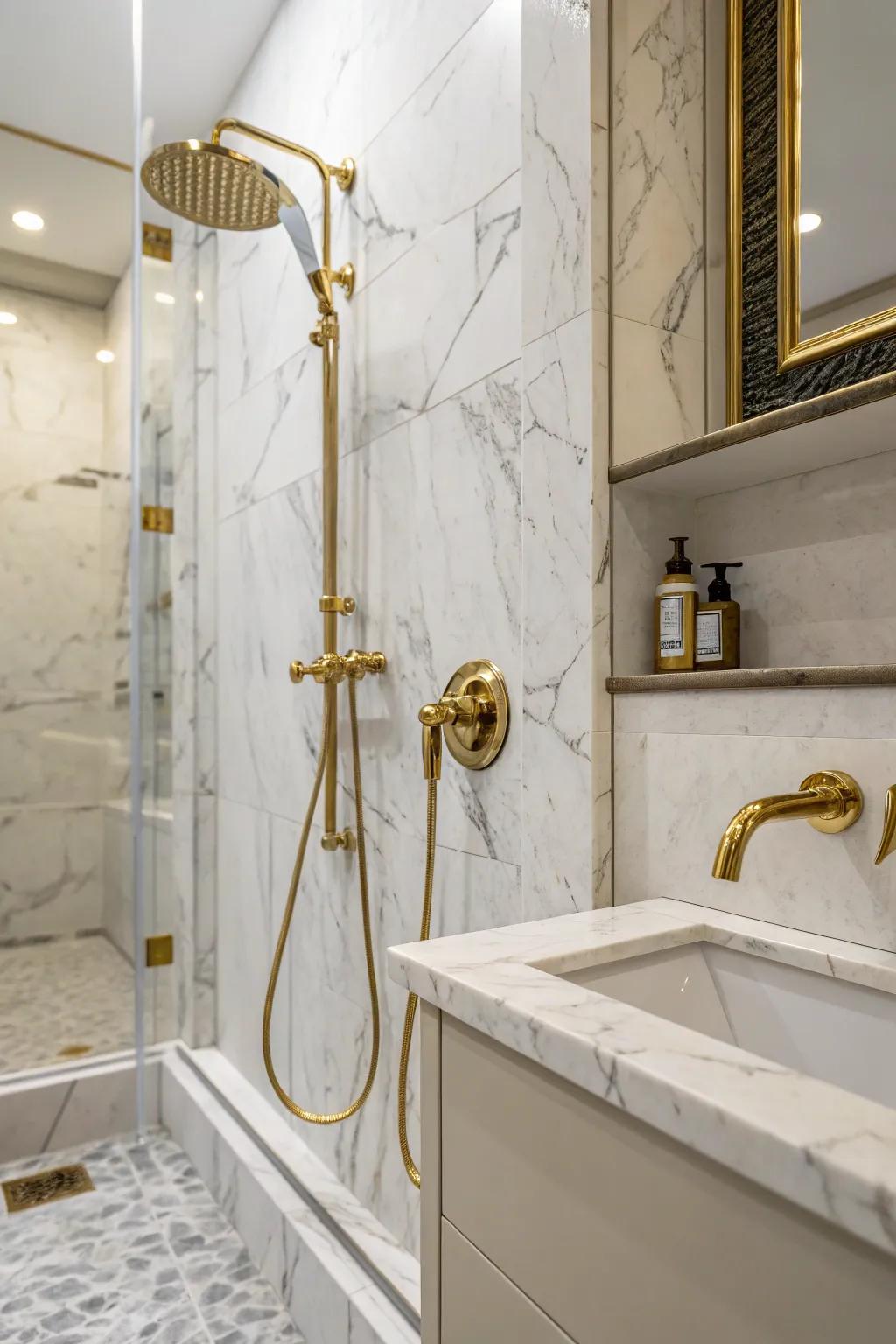 Shiny hardware adds a pop of luxury to marble.