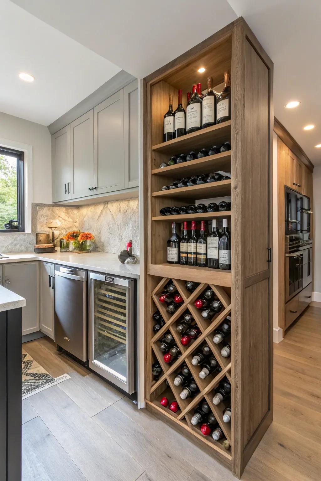 Turn a kitchen corner into a convenient wine nook.