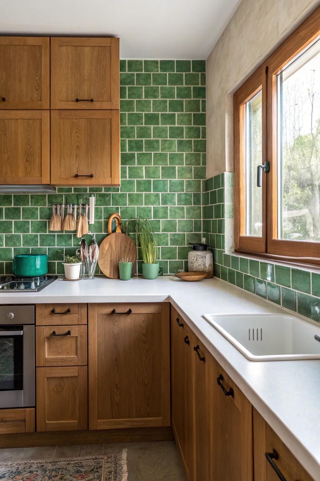 Cactus green tiles offer a refreshing pop of color in a Southwest kitchen.