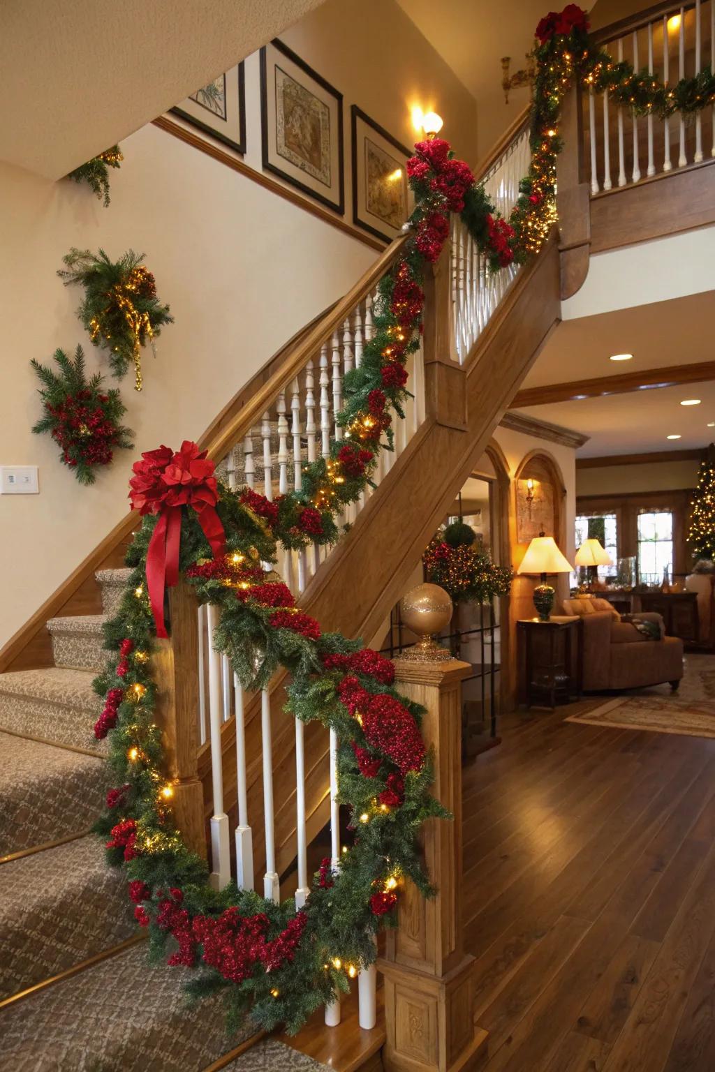 A festive color scheme of red, green, and gold on a staircase.