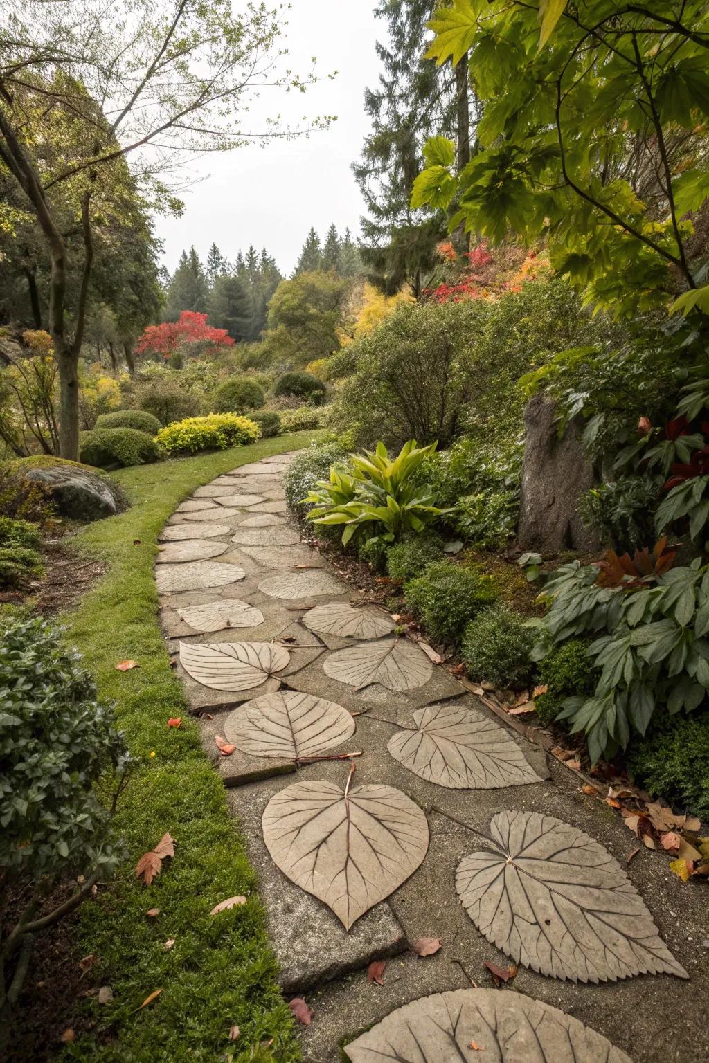 Leaf-shaped stones add a whimsical, natural touch to your path.