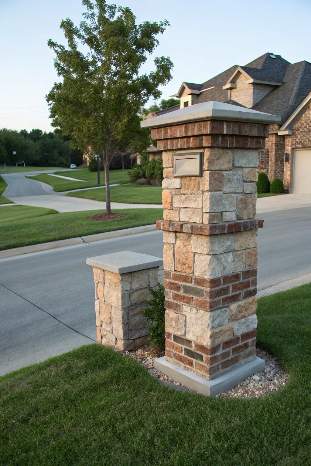 A classic brick mailbox pillar enhanced with stone veneer.