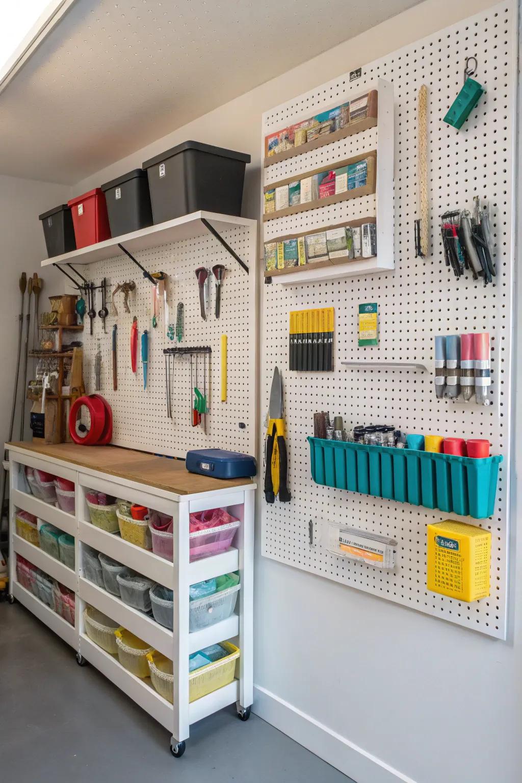 Pegboards offer customizable storage solutions.