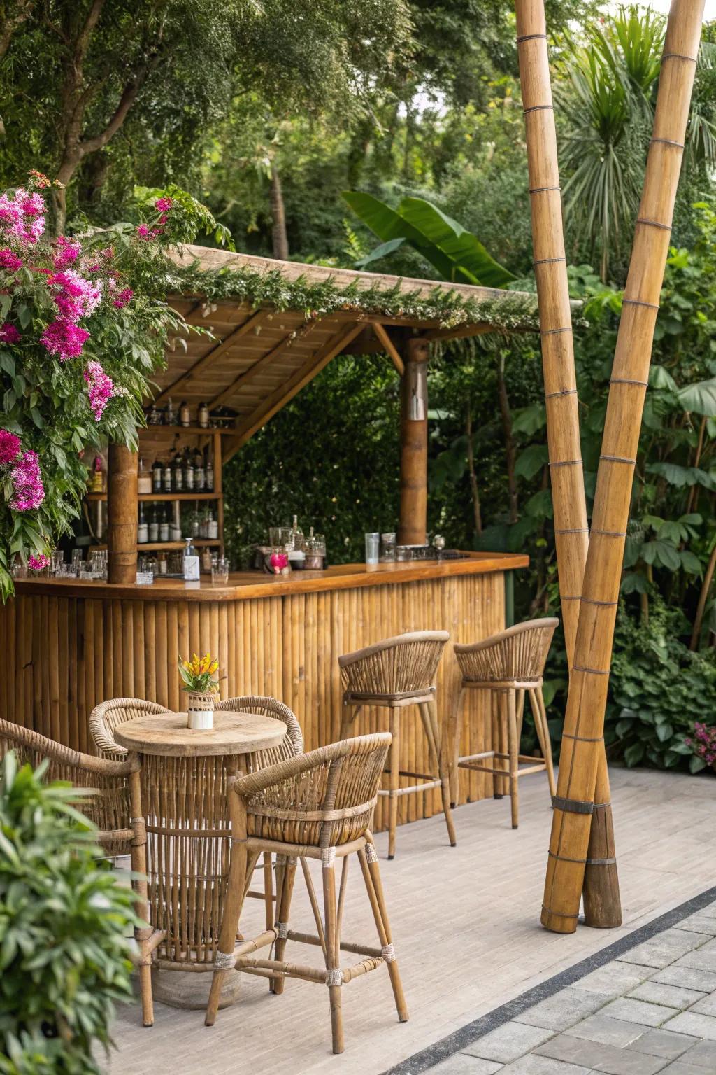 Natural materials create a seamless blend between the bar and garden.