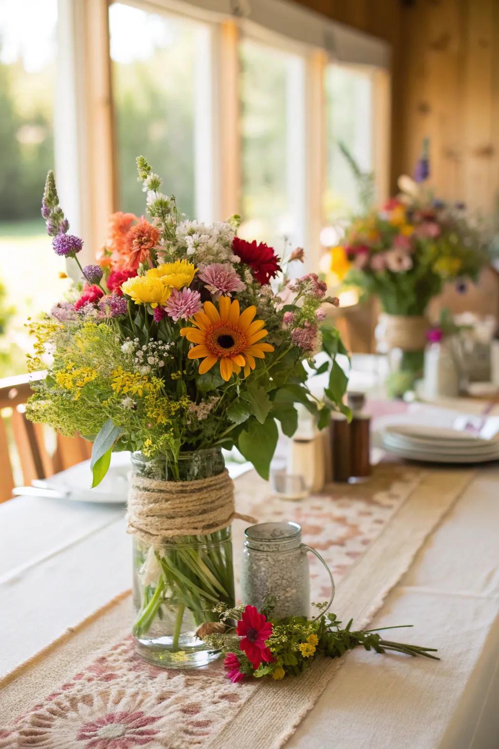 A table featuring DIY floral centerpieces.