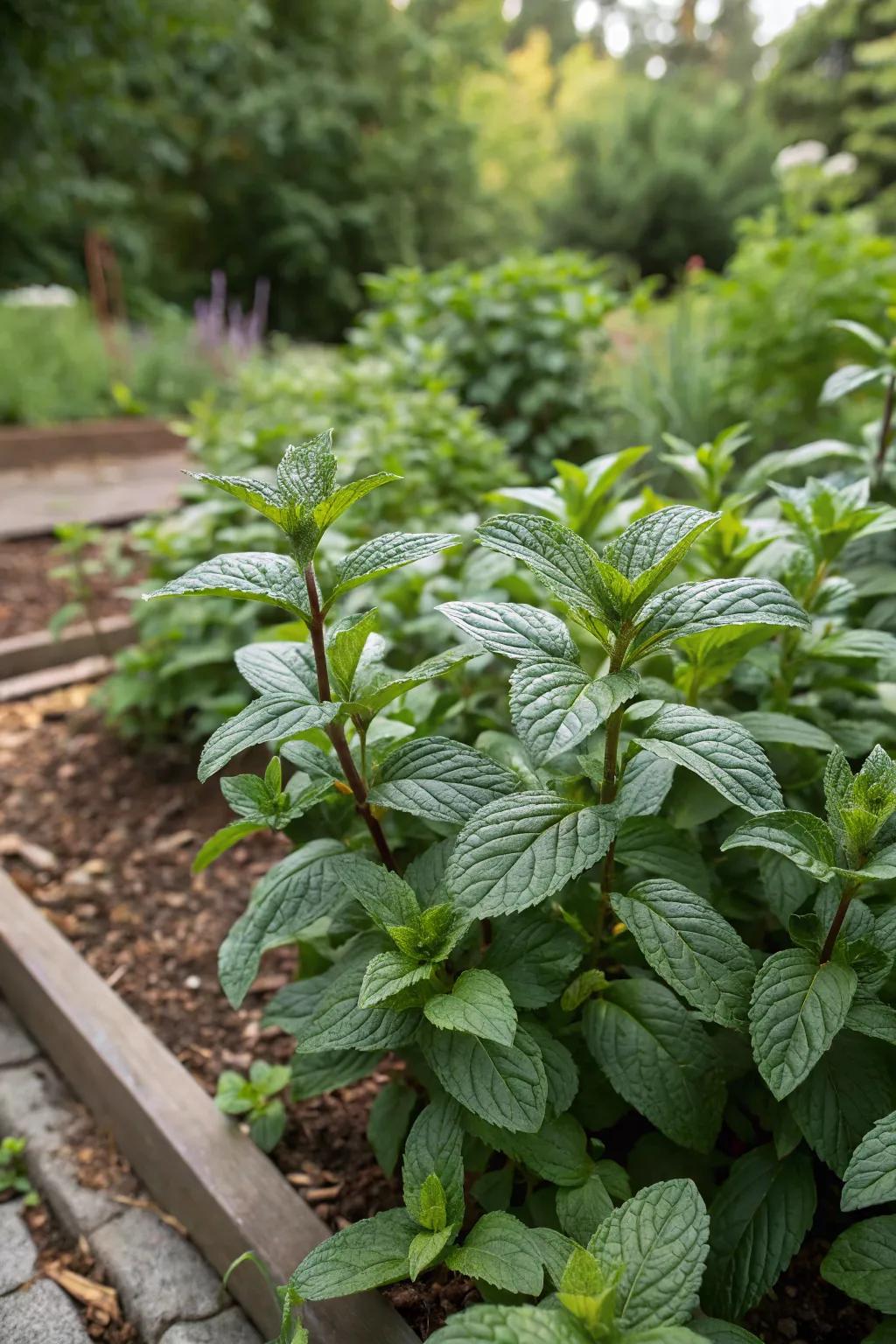 Peppermint leaves growing in abundance, set to provide a revitalizing burst in every cup.