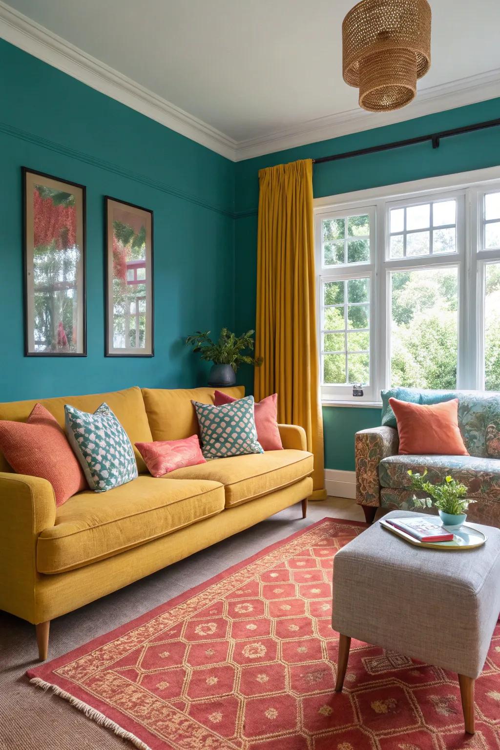 Mustard and coral accents add depth and warmth to a teal-themed room.