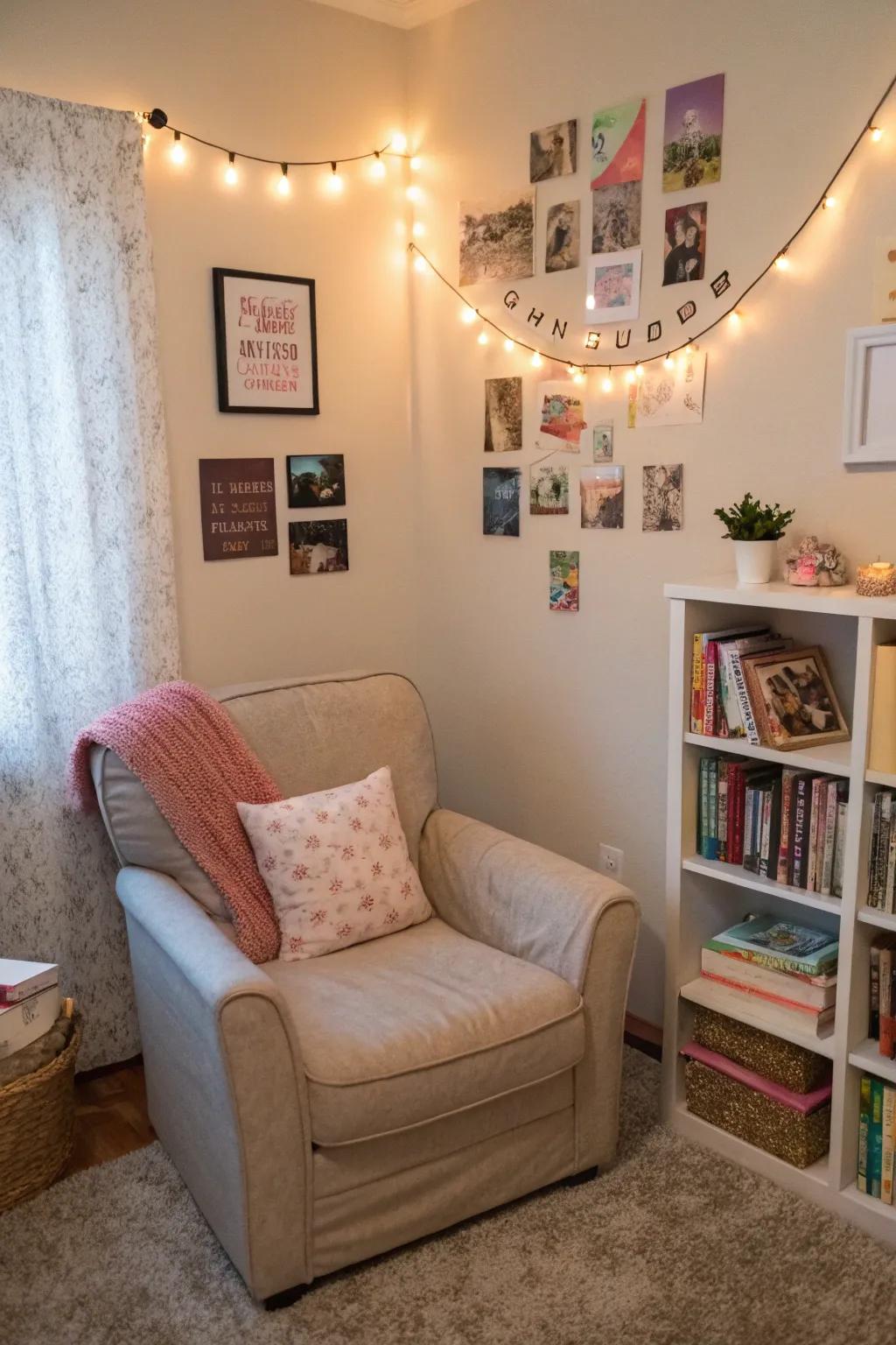 A cozy reading nook perfect for enjoying a good book in a teen girl's bedroom.