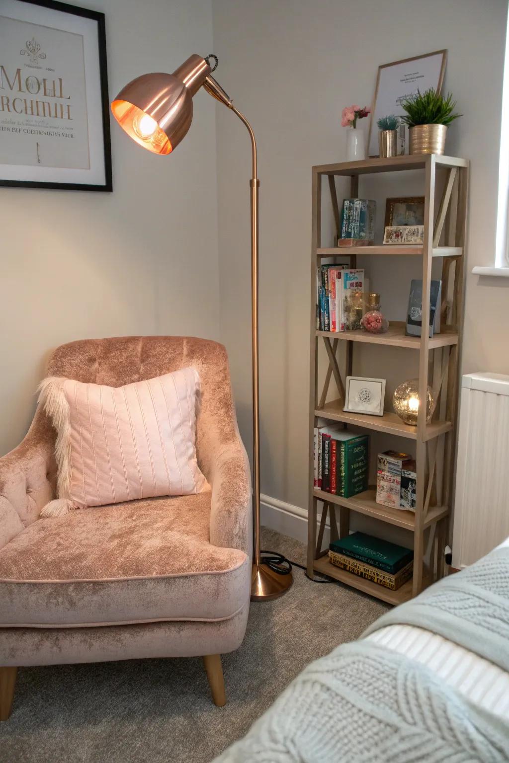 A reading nook with rose gold touches is perfect for relaxation.