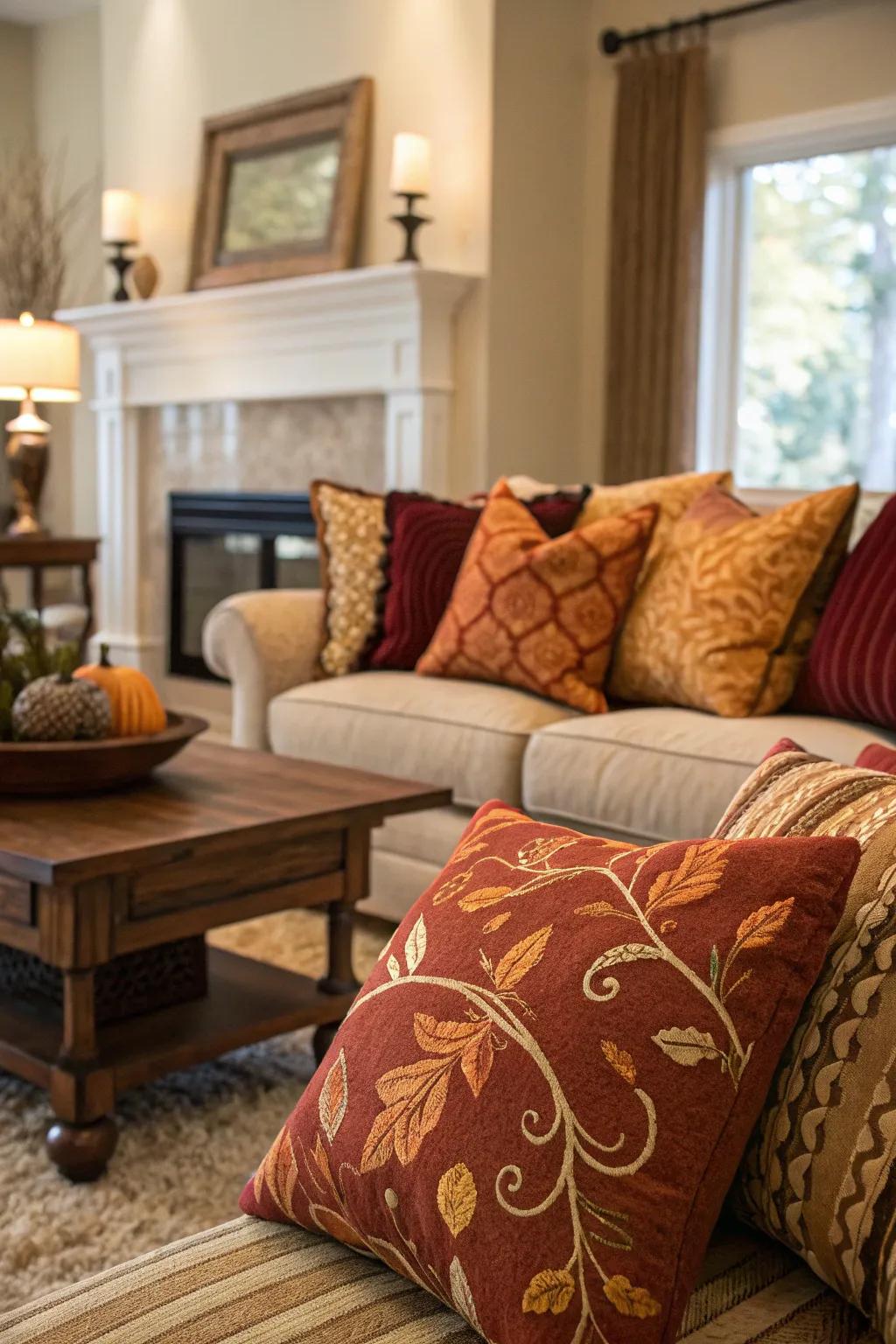 A seasonal transformation featuring pillows in cozy, autumnal colors.