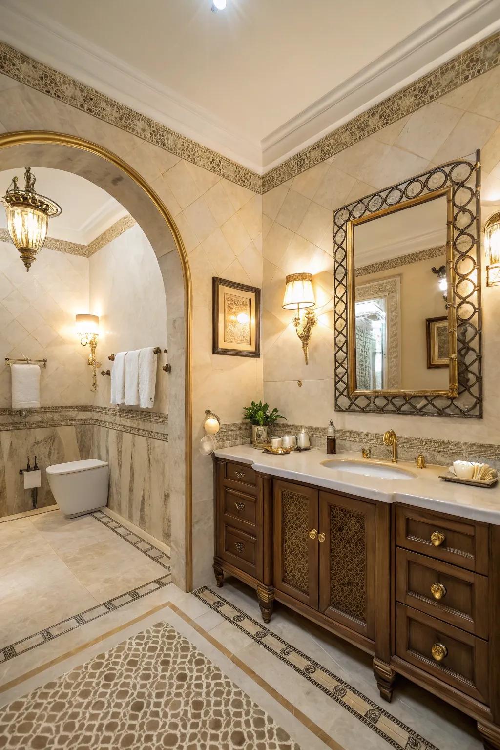 Add warmth and luxury with brass and gold fixtures.