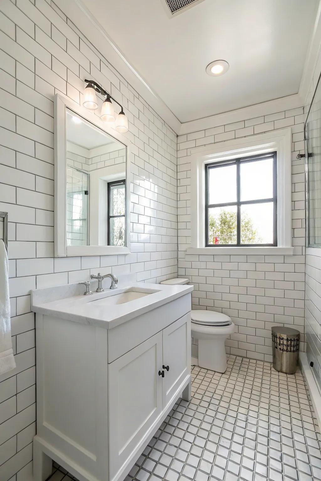 A white bathroom with classic subway tiles creating a clean and sleek aesthetic.