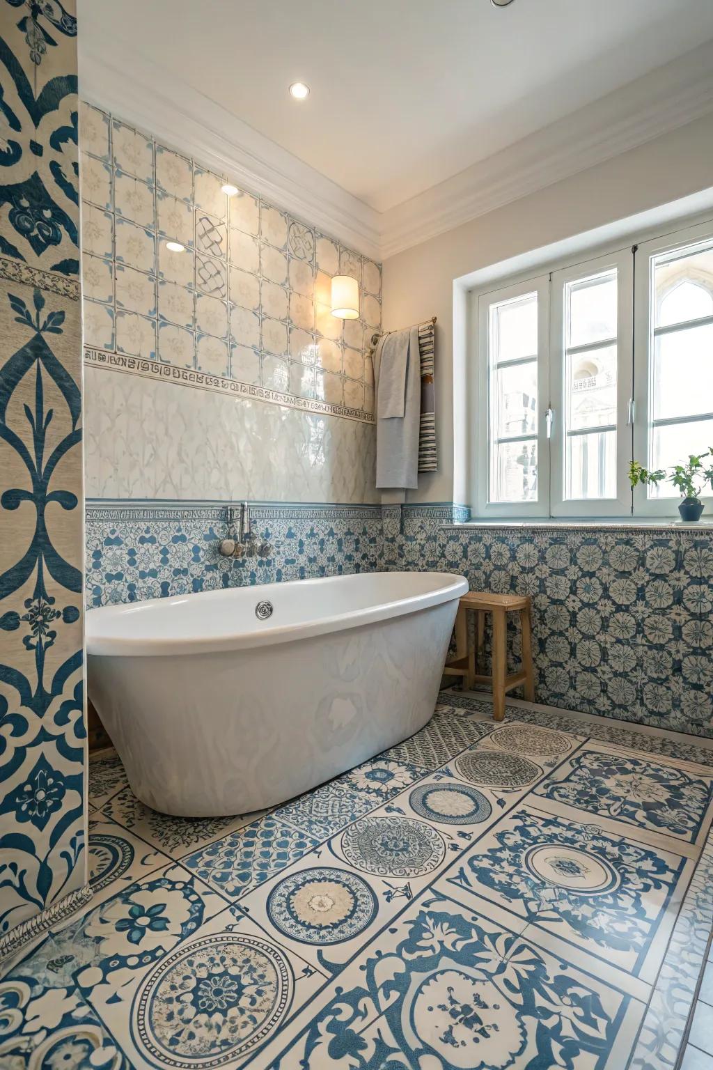 Intricate tile patterns add character and texture to the tub area.