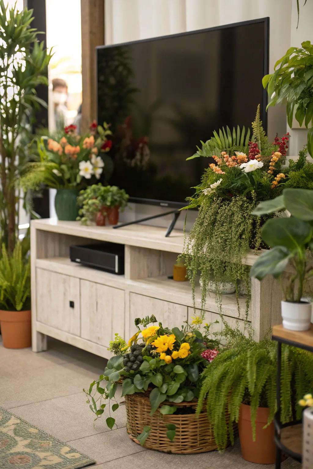 Natural elements like plants on a TV console.