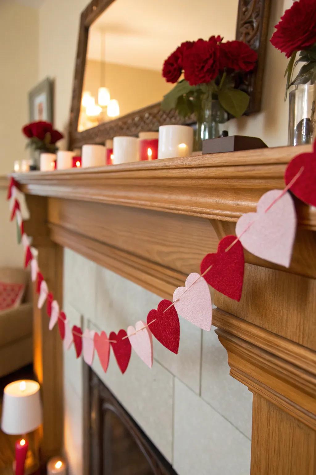 A festive heart garland adds playfulness to the mantel.