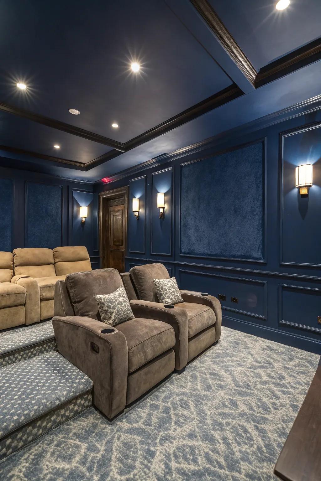 Create a cinematic ambiance with dark Venetian plaster walls.