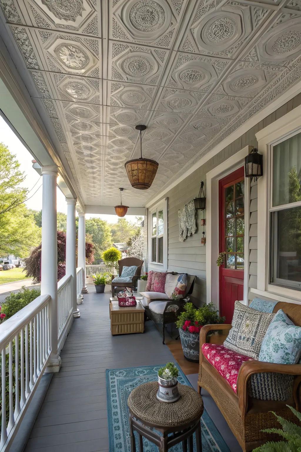 Blending vinyl textures adds dimension and interest to porch ceilings.