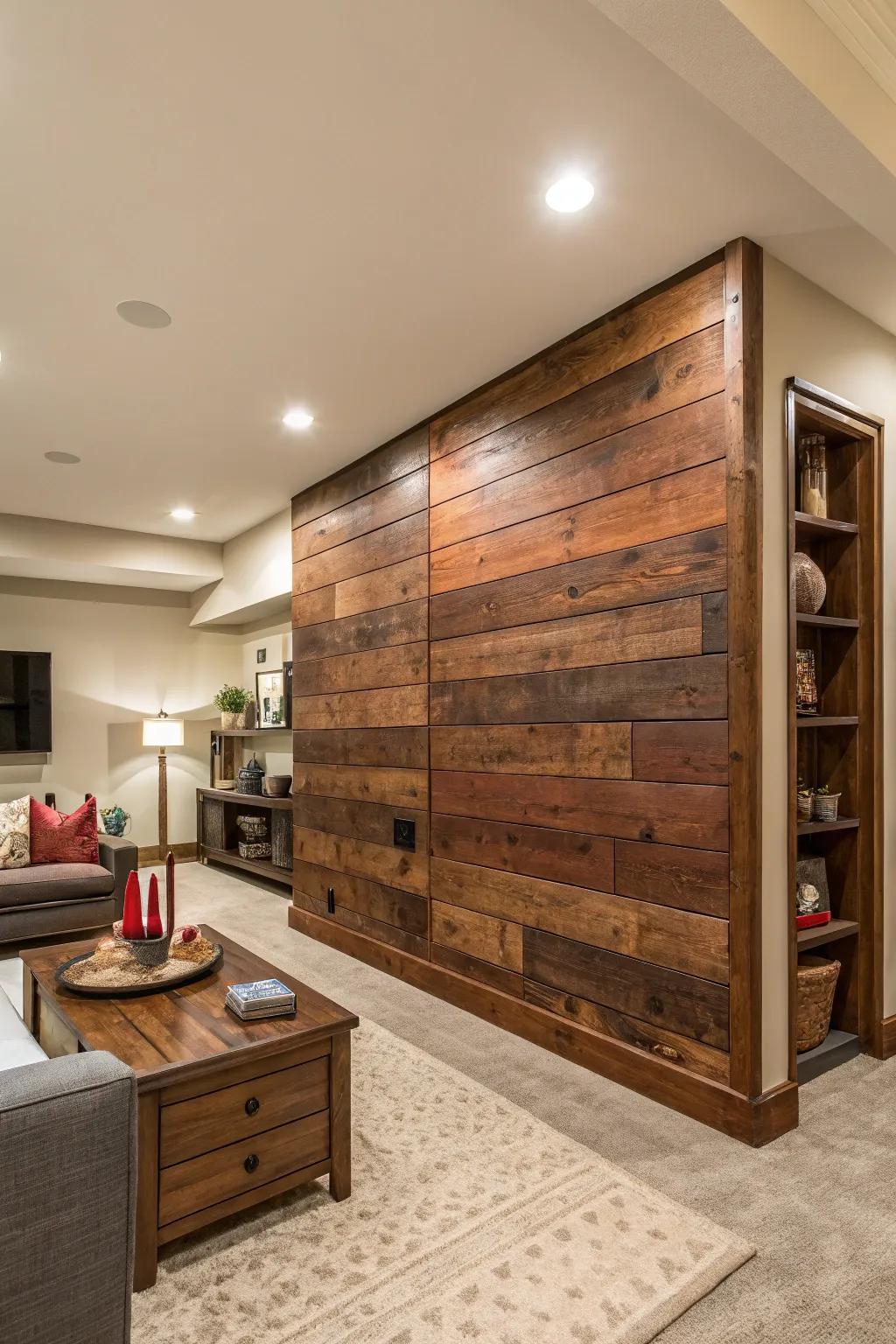 Make a statement with a bold wood accent wall.