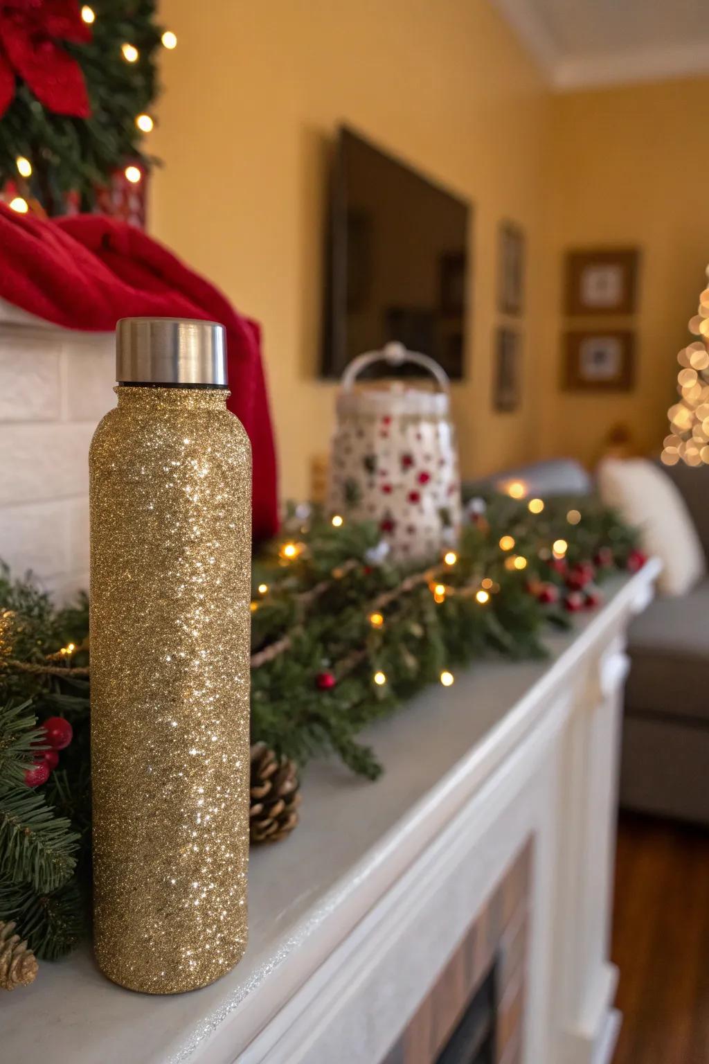 A sparkling water bottle covered in gold glitter.