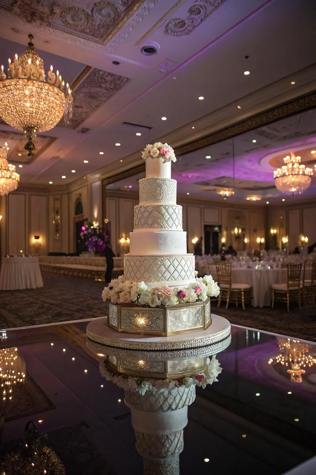 A wedding cake beautifully reflected on a mirror surface.