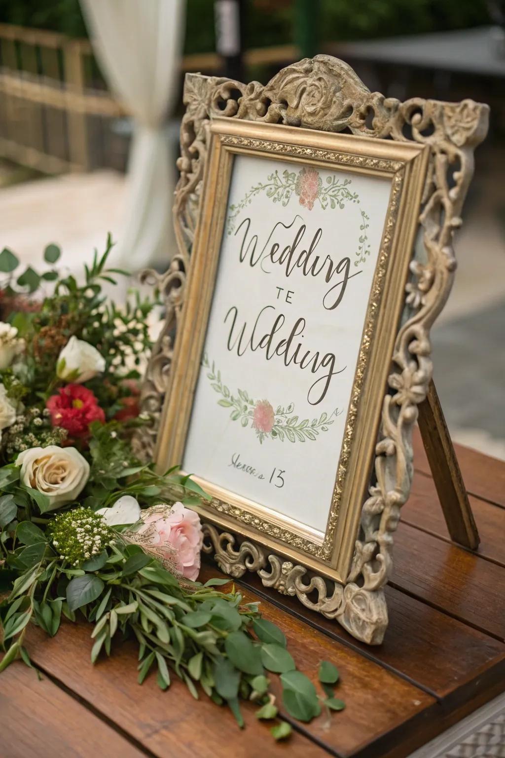 A vintage frame adds glamour to wedding signage.