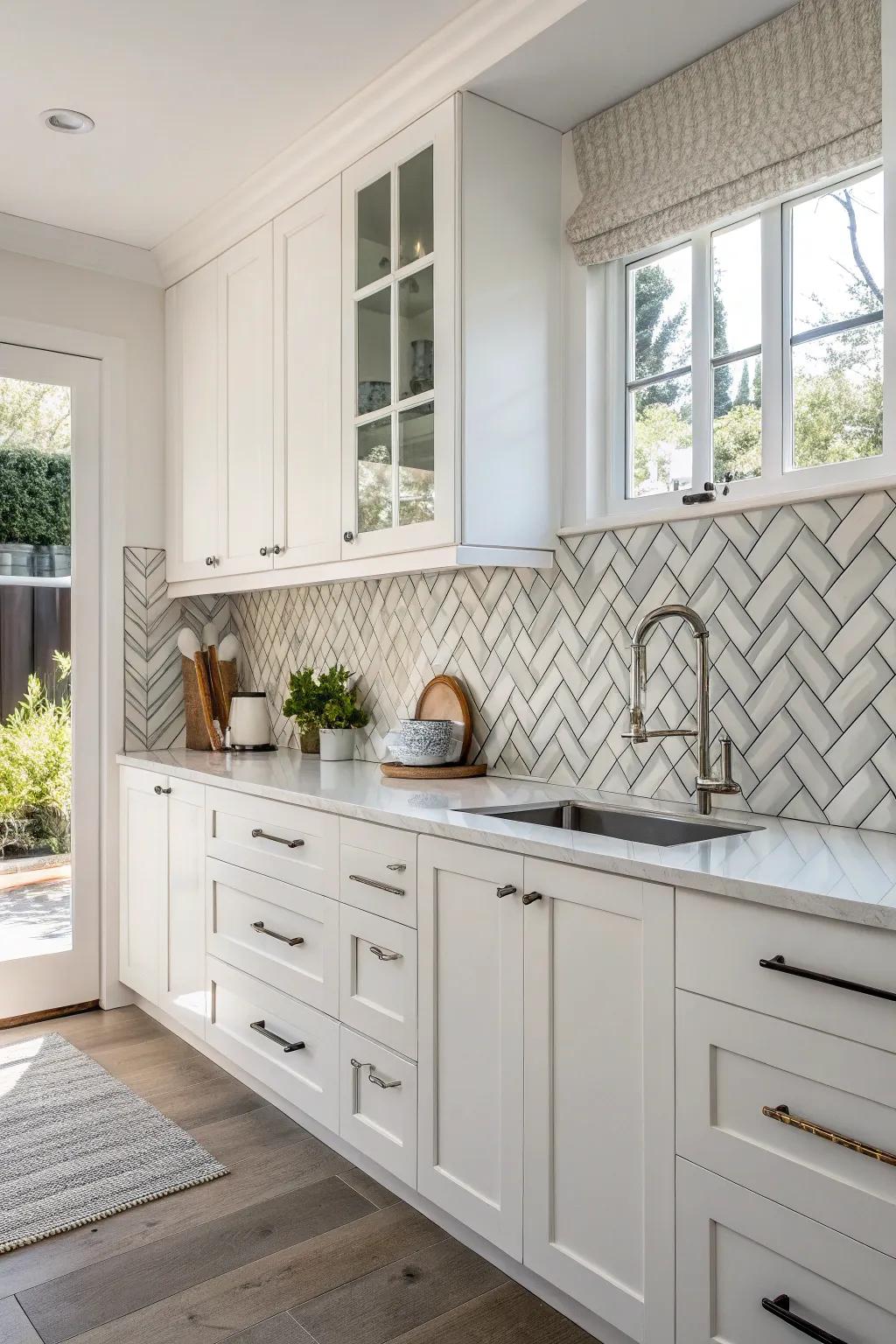 Chevron tiles adding a stylish movement to white cabinets.