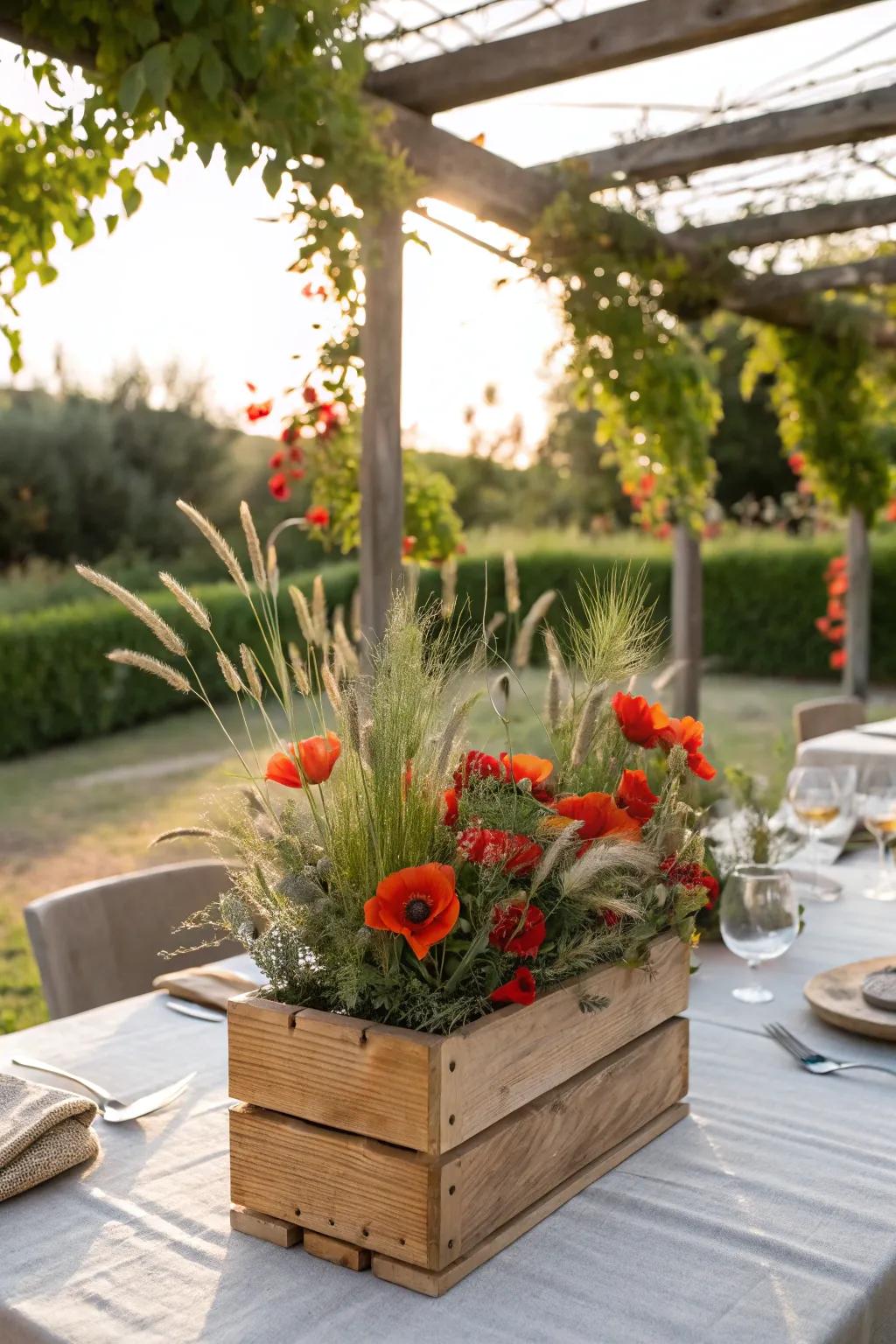 A wooden crate operates as a countryside vessel for a wildflower display.