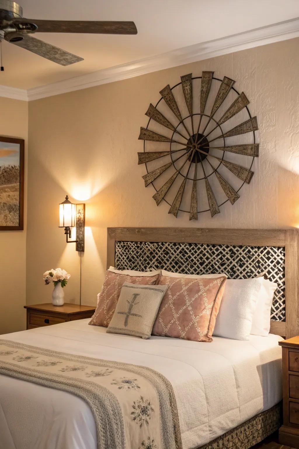 Soft-hued windmill decor transforms the bedroom into a retreat.