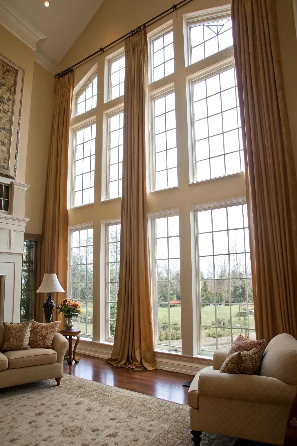 Full-length drapes highlight the elevation of this lounge.