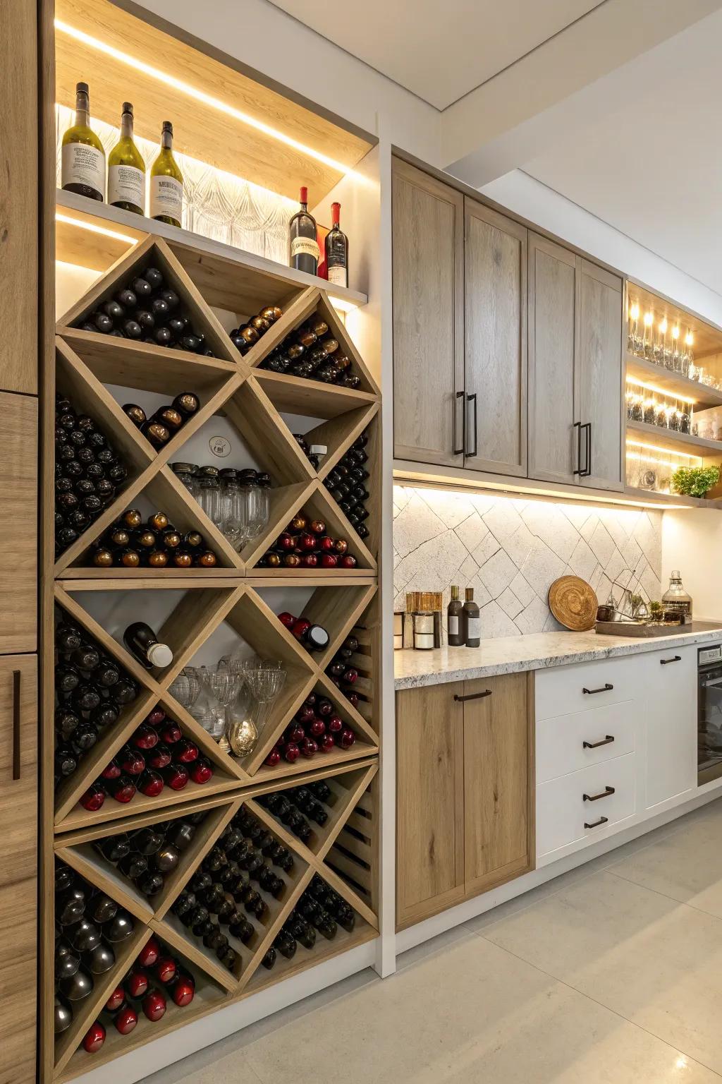 Crisscross shelving offers both style and practicality.
