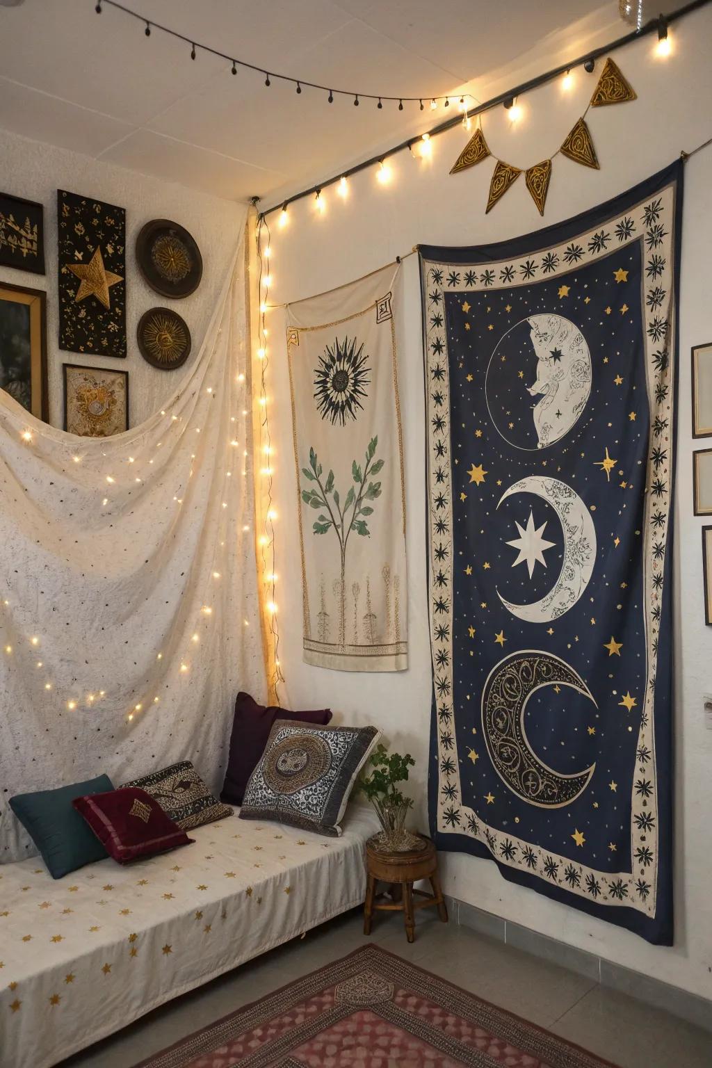 Celestial symbols add a mystical hint to your witch room decor.