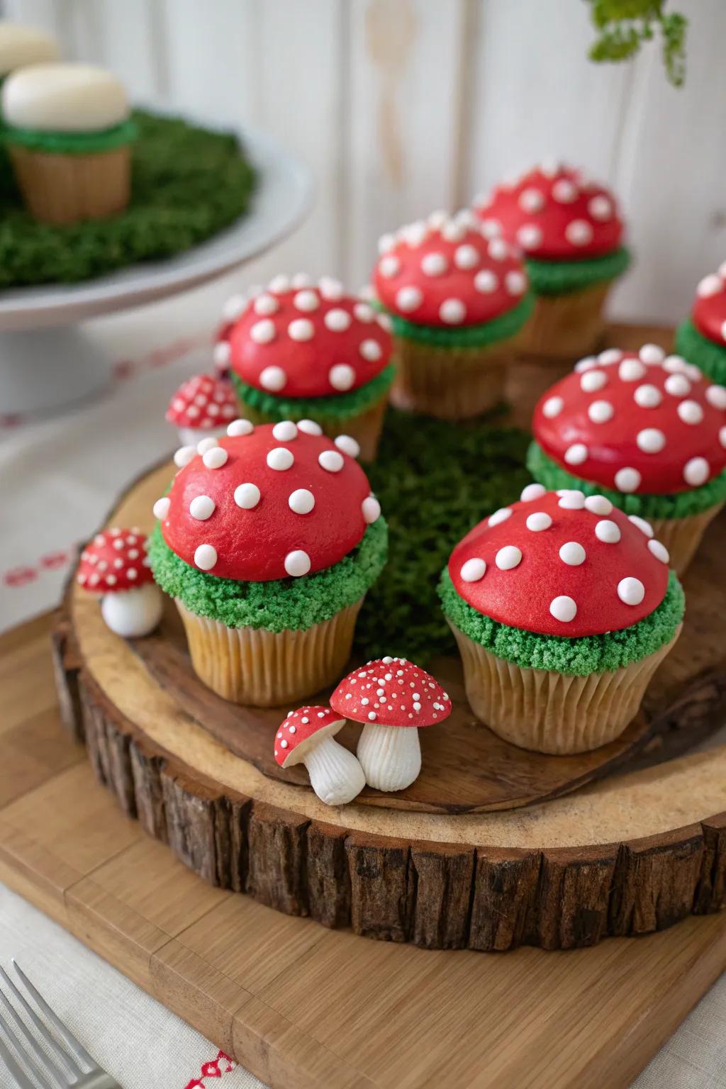 Delight your guests with whimsical mushroom cupcakes.