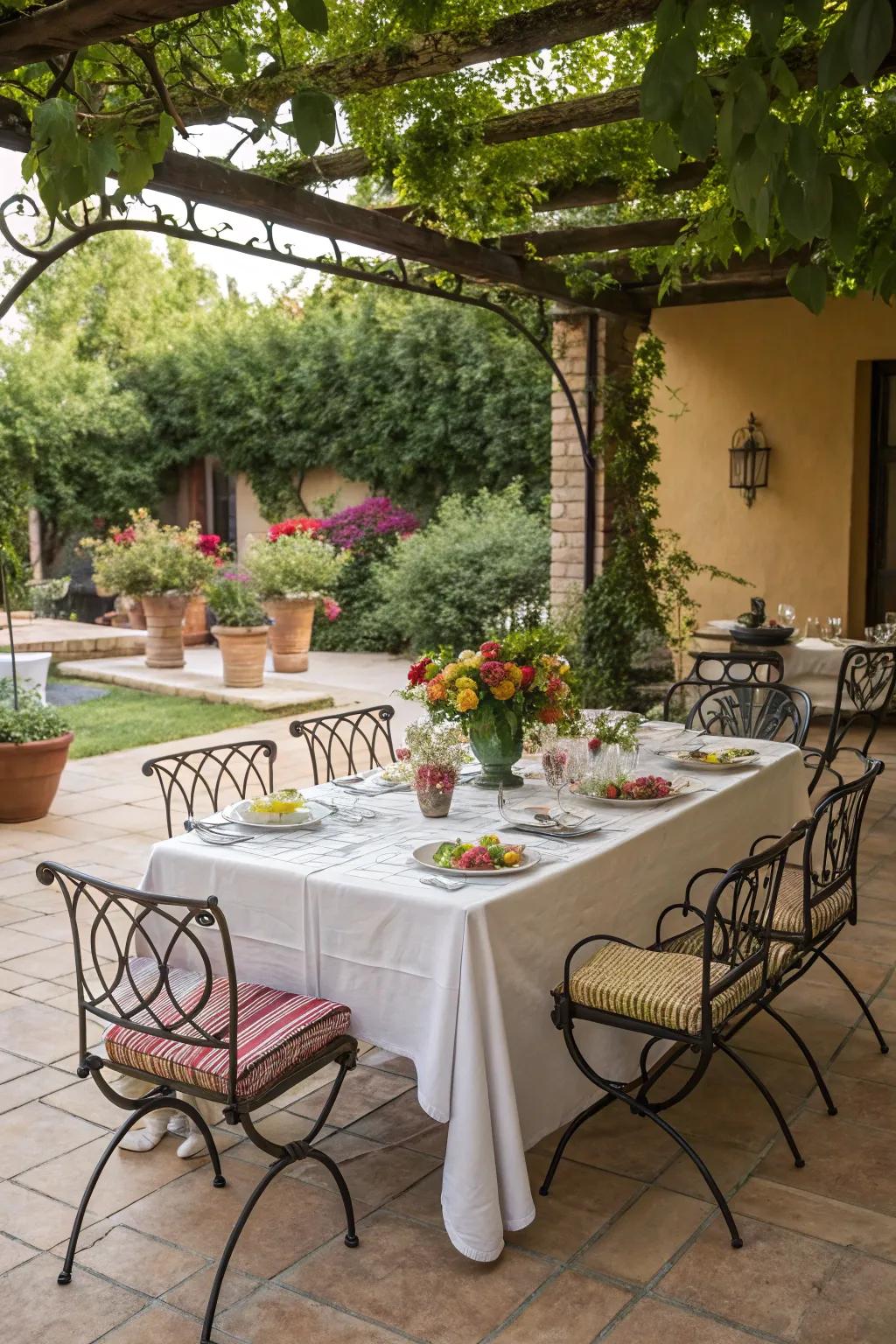 A cast metal dining set develops an inviting space for outside meals.