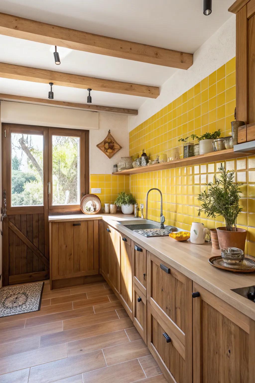 Yellow and wood elements create a warm, inviting kitchen.