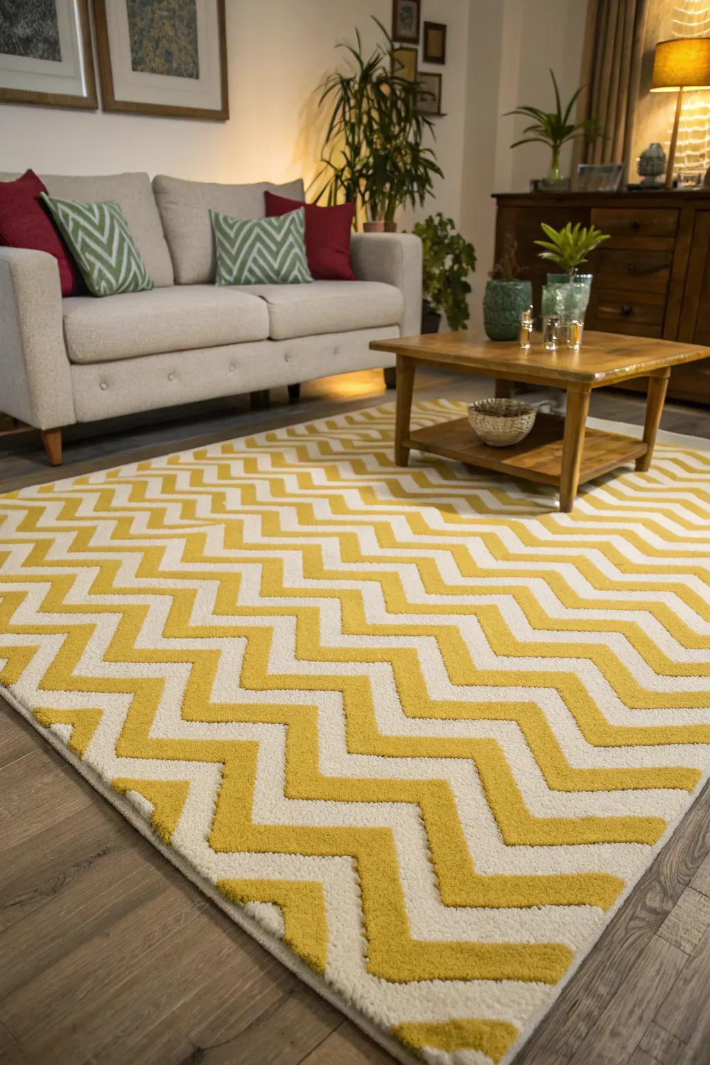 A lively living area with a bold patterned rug.