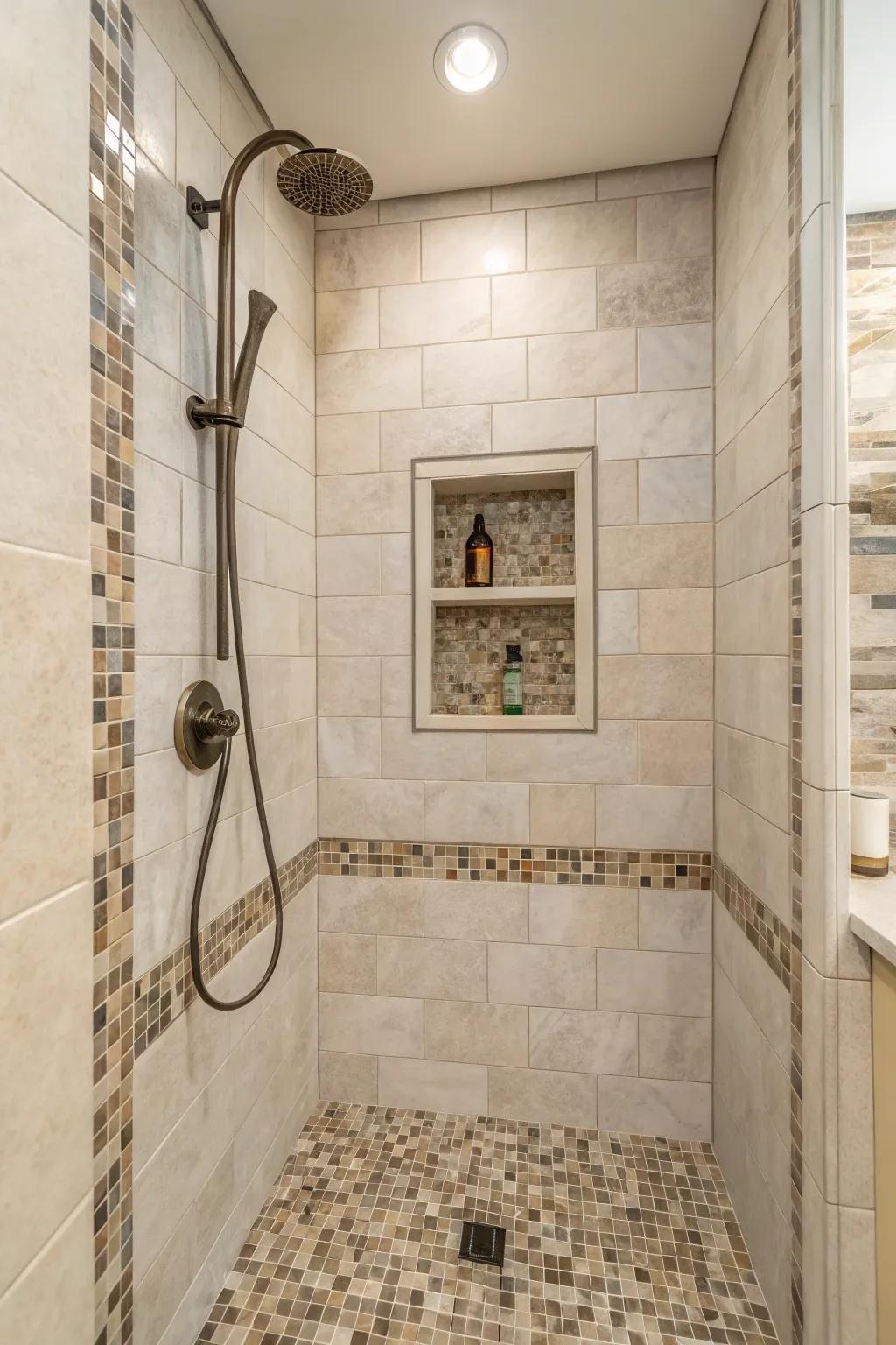 Mosaic accents bring texture and focus to specific shower areas.