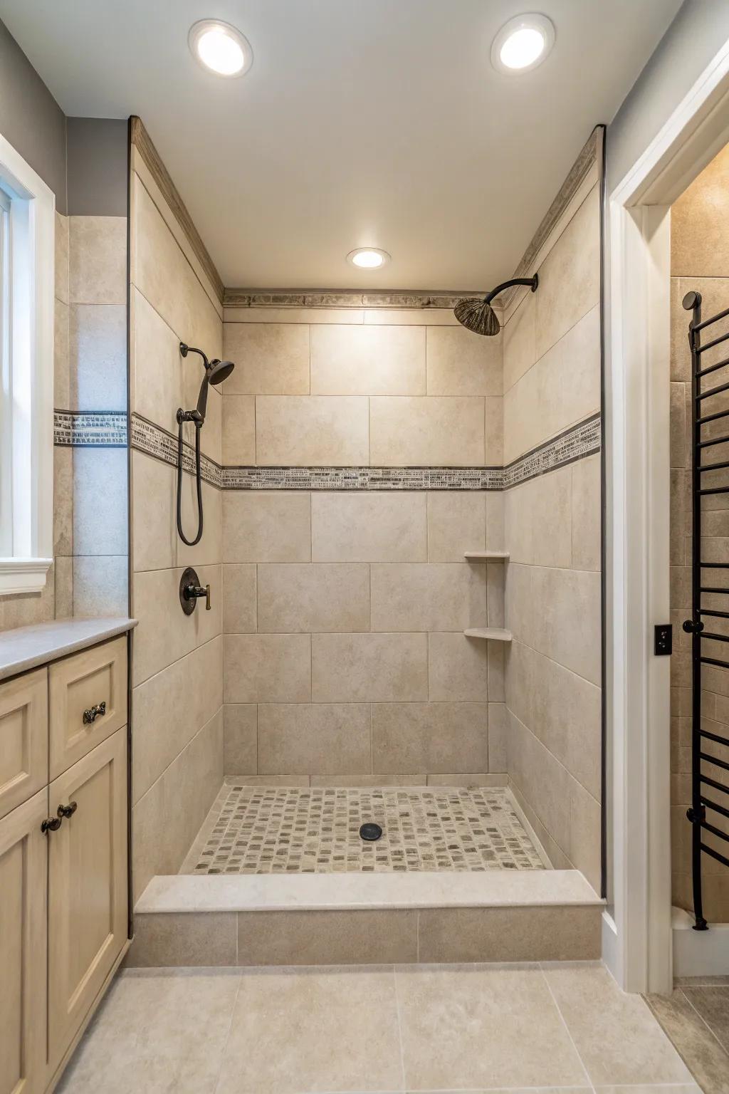 Neutral colors create a serene and spacious shower environment.