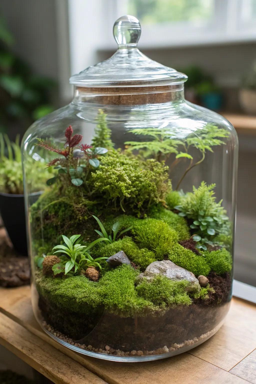 A simple yet enchanting moss wonderland terrarium.