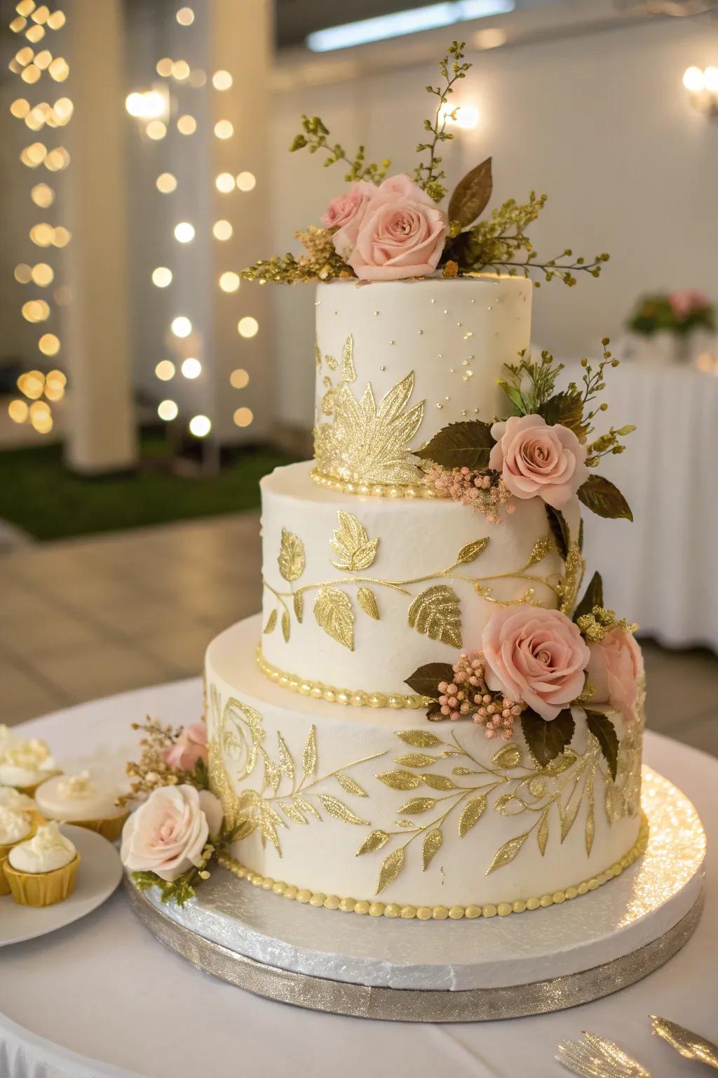 An awesome anniversary cake decorated with golden details and flowers.