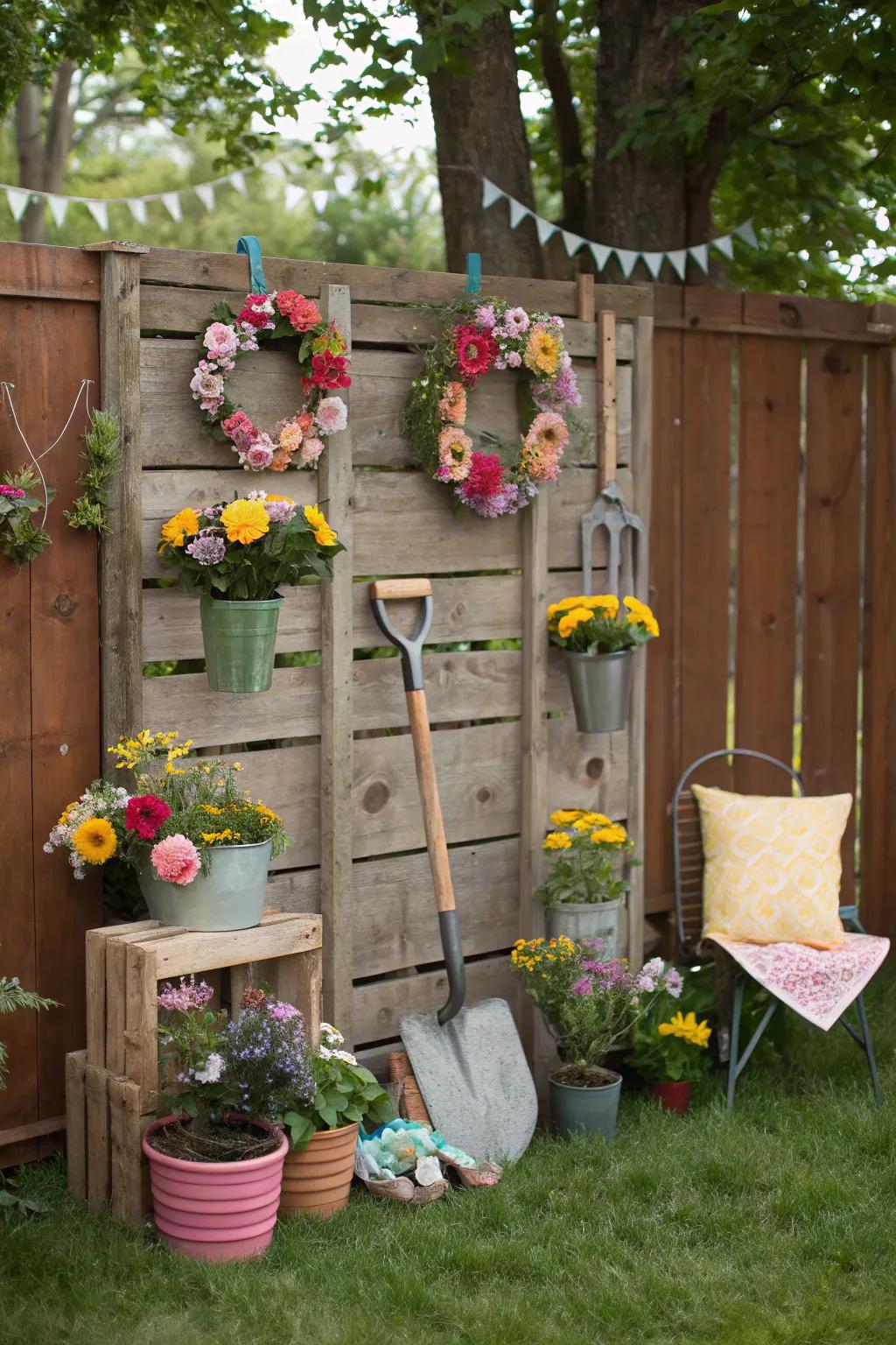 A fun garden-themed photo booth for capturing party memories.