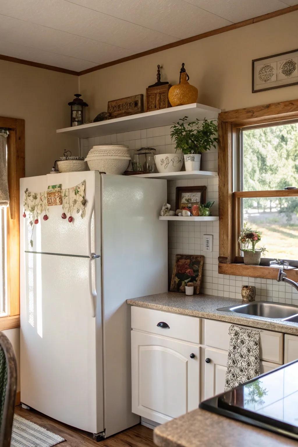 Install shelves for organized and stylish storage above the fridge.