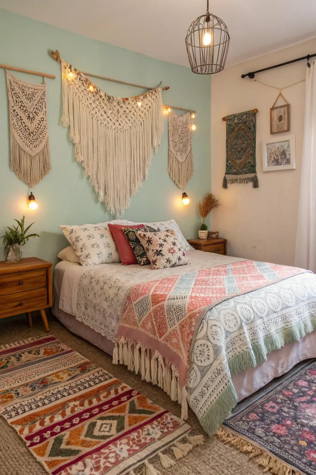 Bohemian elements add eclectic charm.