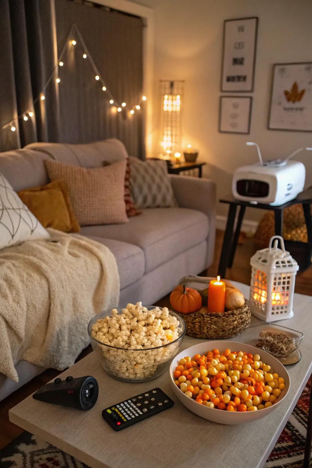 A cozy setup for a Halloween movie marathon.