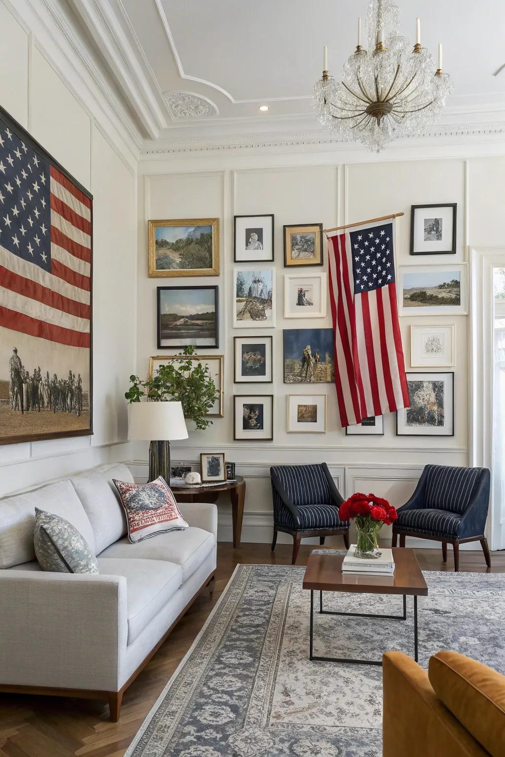 A gallery wall with a flag brings artistic flair to this living room.