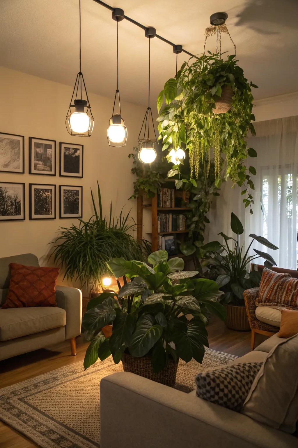 Hanging grow light fixtures creating a floating garden effect.