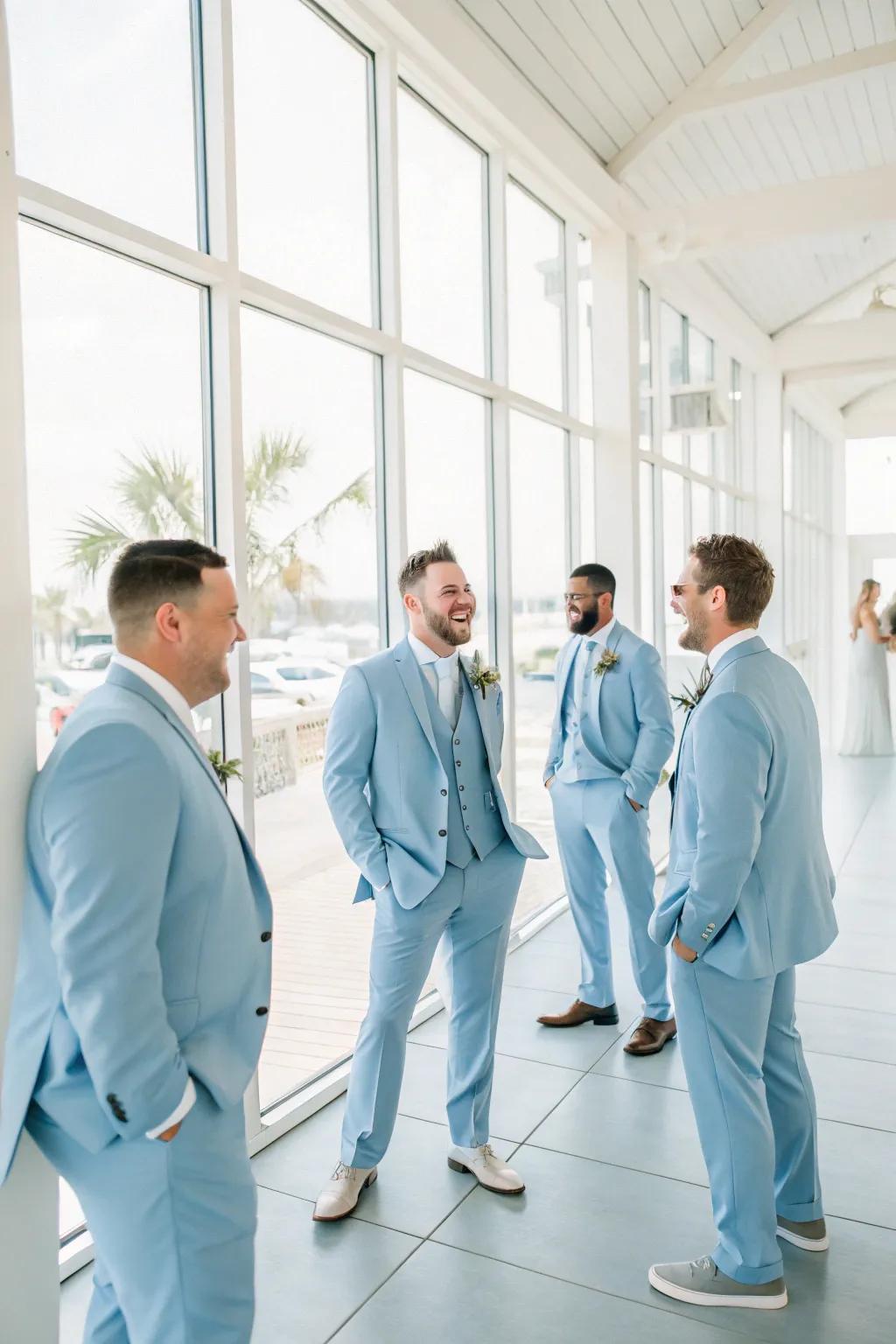 Light blue suits add a stylish touch to the groomsmen's attire.