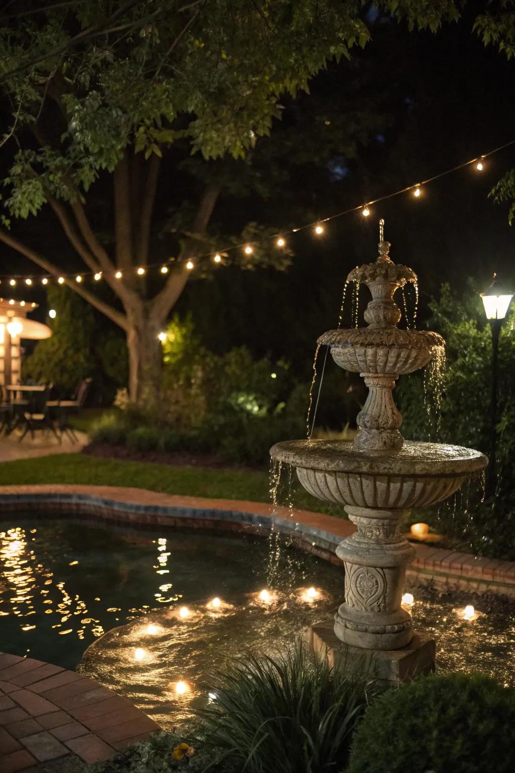 An illuminated fountain transforms your garden into a magical nighttime escape.