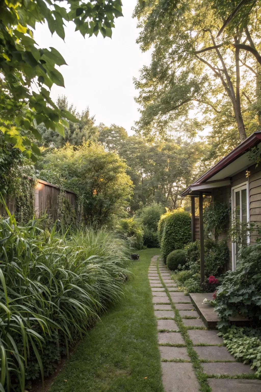 Tall plants create a secluded green haven.