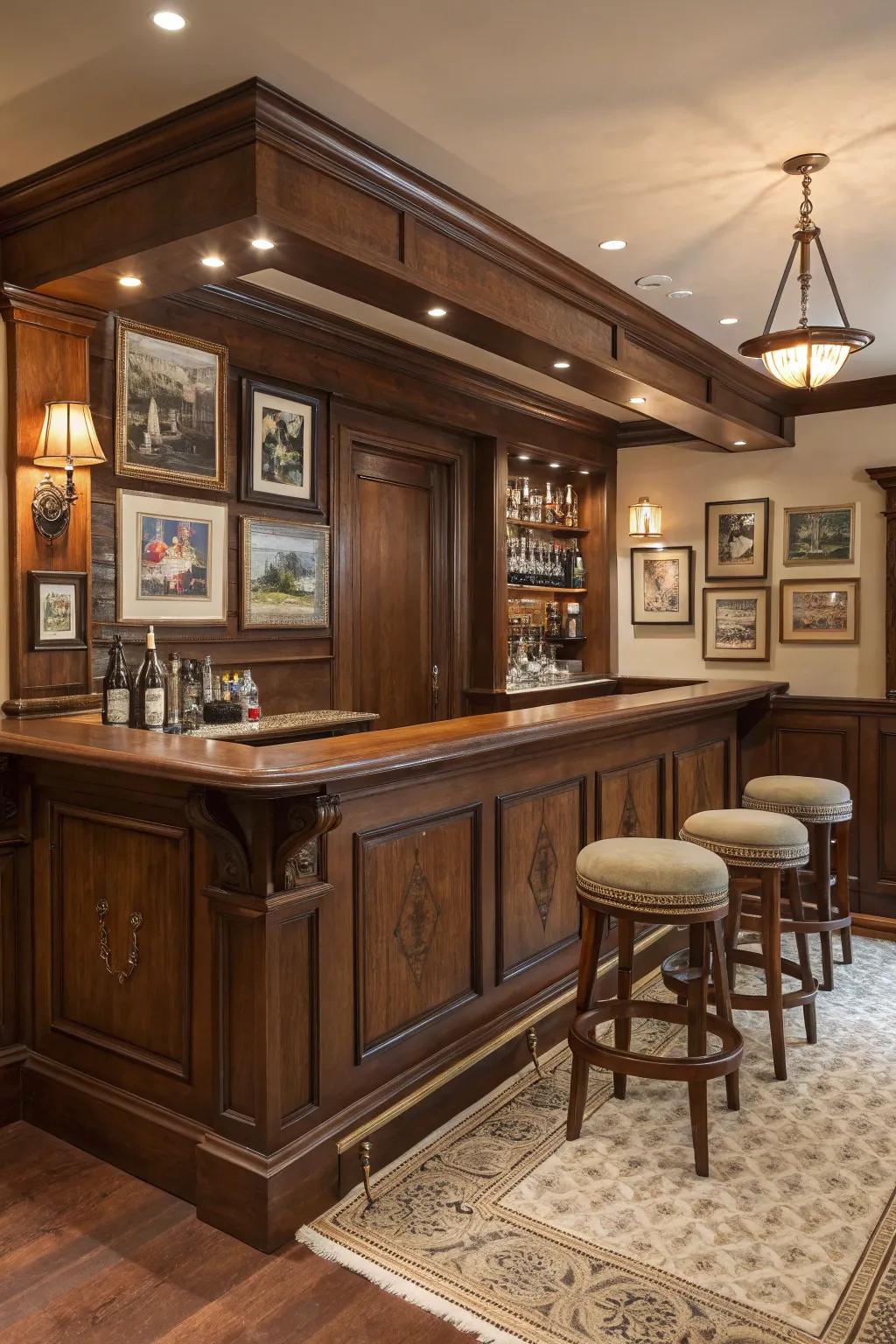 Classic pub-style paneling adds timeless charm to your home bar.