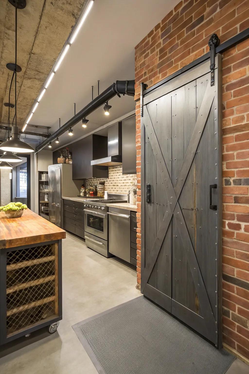 An industrial kitchen with a sliding barn door pantry featuring metal accents.